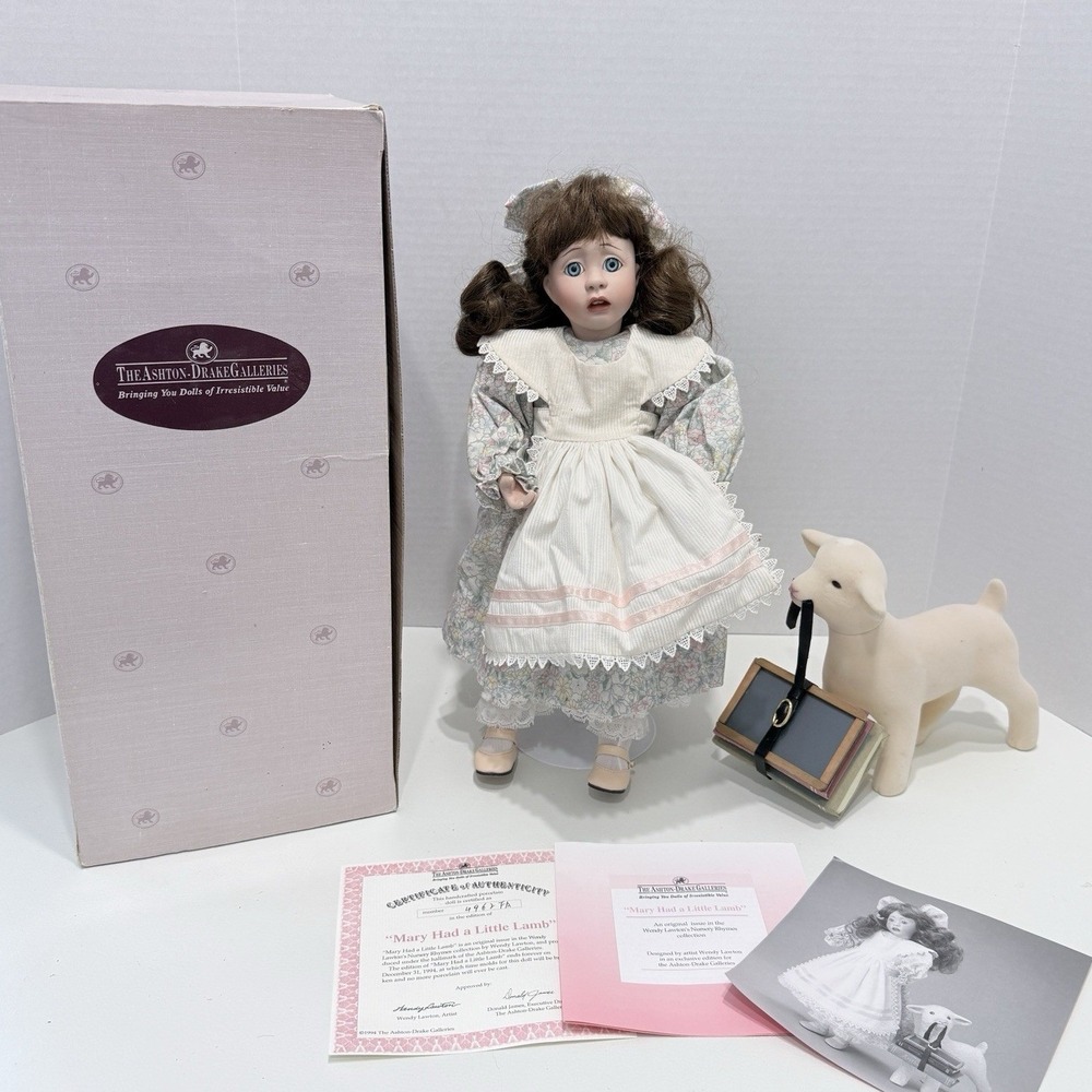 Ashton Drake Mary Had‎ a Little Lamb Porcelain Doll 14" 1994 - Stand, COA, Box